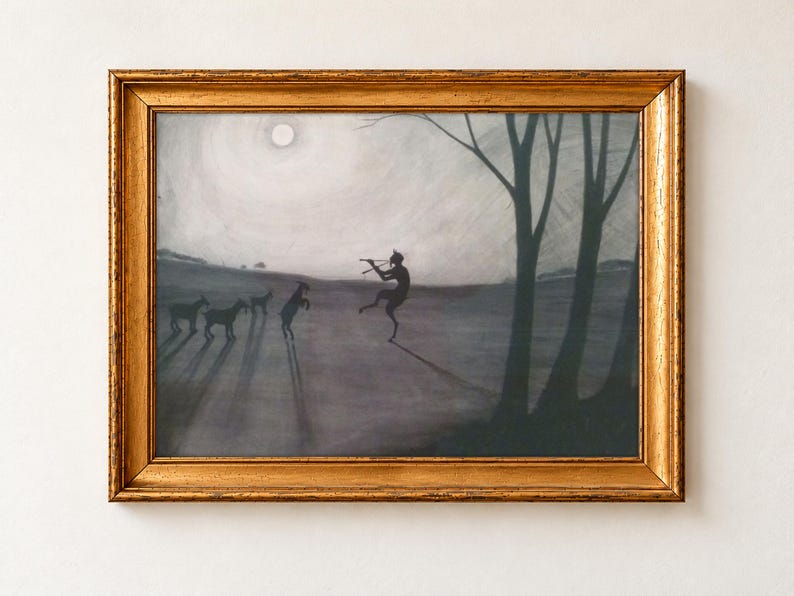 Faun by Moonlight by Leon Spilliaert, 1900, as a framed print in an antique gold frame on a cream wall. A horned faun plays a pipe as it dances across a misty, moonlit plain beside bare trees, in soft greys and silver.