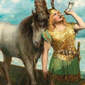 Close-up of the warrior and horse in the artwork