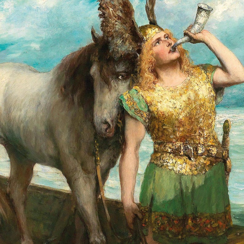 Close-up of the warrior and horse in the artwork