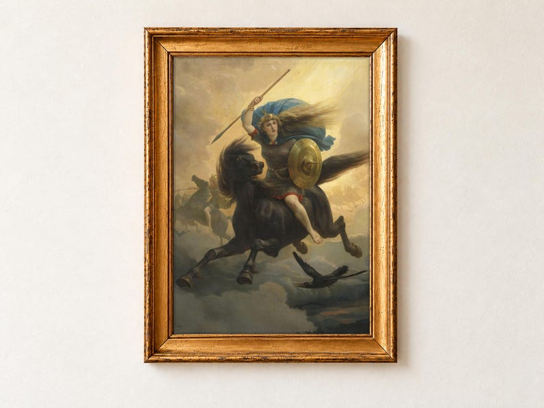 The Valkyrie by Peter Nicolai Arbo, 1869. A barefoot warrior woman in chain mail with a blue cloak and gold shield raises a spear as she rides a galloping black horse through golden storm clouds, with a raven below.