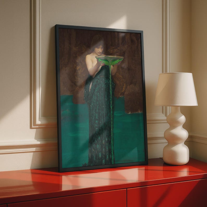 Circe Invidiosa Waterhouse poster, Pre-Raphaelite mythology art, green sorceress wall art