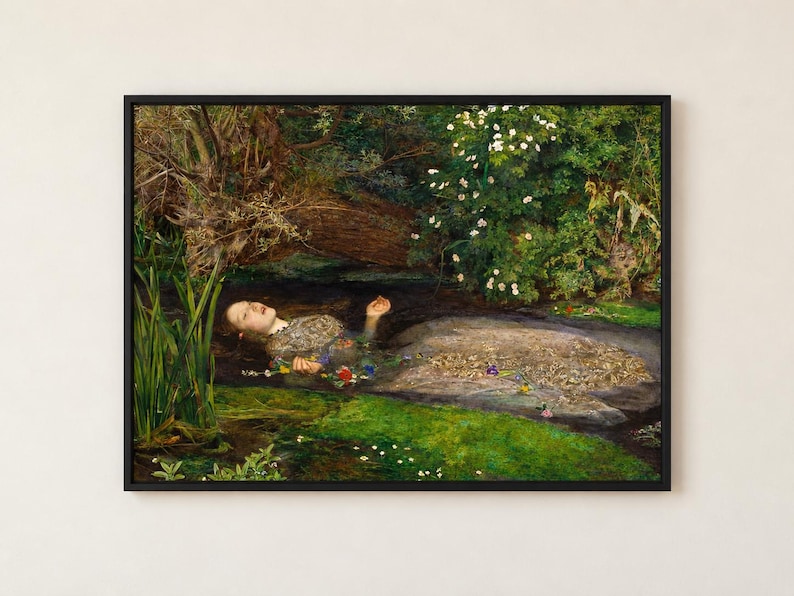 Ophelia by Millais Pre-Raphaelite poster, Shakespeare floral river wall art, dark academia decor