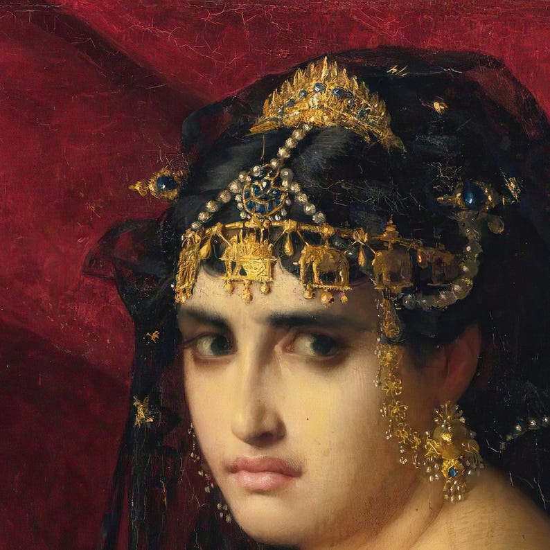 Close-up of Judith by Gabriel Ferrier: her dark eyes beneath a gold diadem and black veil.