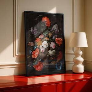 Dutch Golden Age Floral Still Life, Vintage Flower Painting, Dark Moody Wall Art, Mignon Art Print