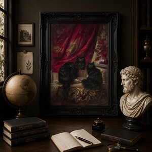 Three Black Cats Vintage Oil Painting Poster, Gothic Wall Art, Crimson Velvet Curtain