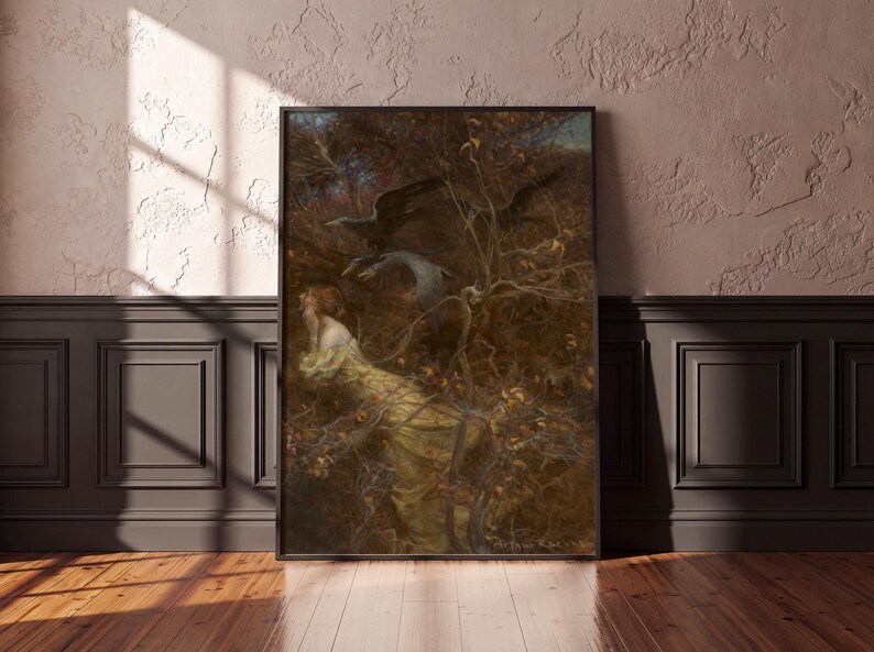 Arthur Rackham Haunted Wood Print, Gothic Fairytale Wall Art, Dark Romantic Ravens, Autumn Forest