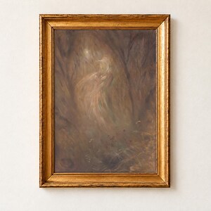 Forest Ghost by Laszlo Mednyanszky, 1890s, as a framed print in an antique gold frame on a cream wall. A pale, translucent spirit drifts through a misty brown forest of tangled branches, lit by a faint glow.