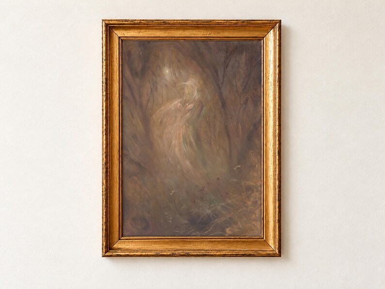 Forest Ghost by Laszlo Mednyanszky, 1890s, as a framed print in an antique gold frame on a cream wall. A pale, translucent spirit drifts through a misty brown forest of tangled branches, lit by a faint glow.