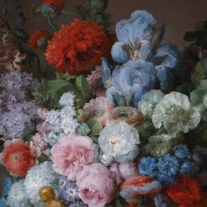 May include: An oil painting of a dense floral arrangement featuring a large vibrant red peony, ruffled light blue irises, clusters of pale purple lilacs, soft pink roses, and white blossoms, all set against a dark, muted background.