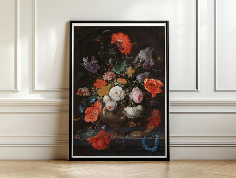Dutch Golden Age Floral Still Life, Vintage Flower Painting, Dark Moody Wall Art, Mignon Art Print