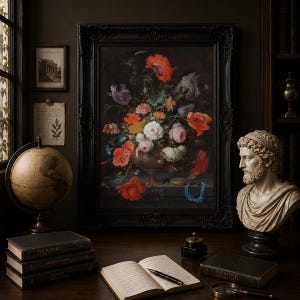 Dutch Golden Age Floral Still Life, Vintage Flower Painting, Dark Moody Wall Art, Mignon Art Print