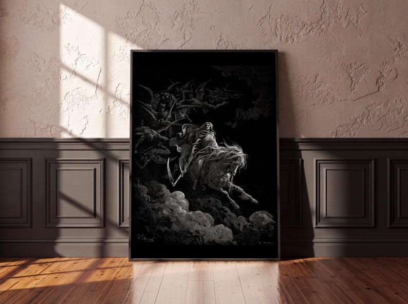 Death on the Pale Horse Print, Gustave Dore Engraving, Gothic Wall Art, Grim Reaper Poster