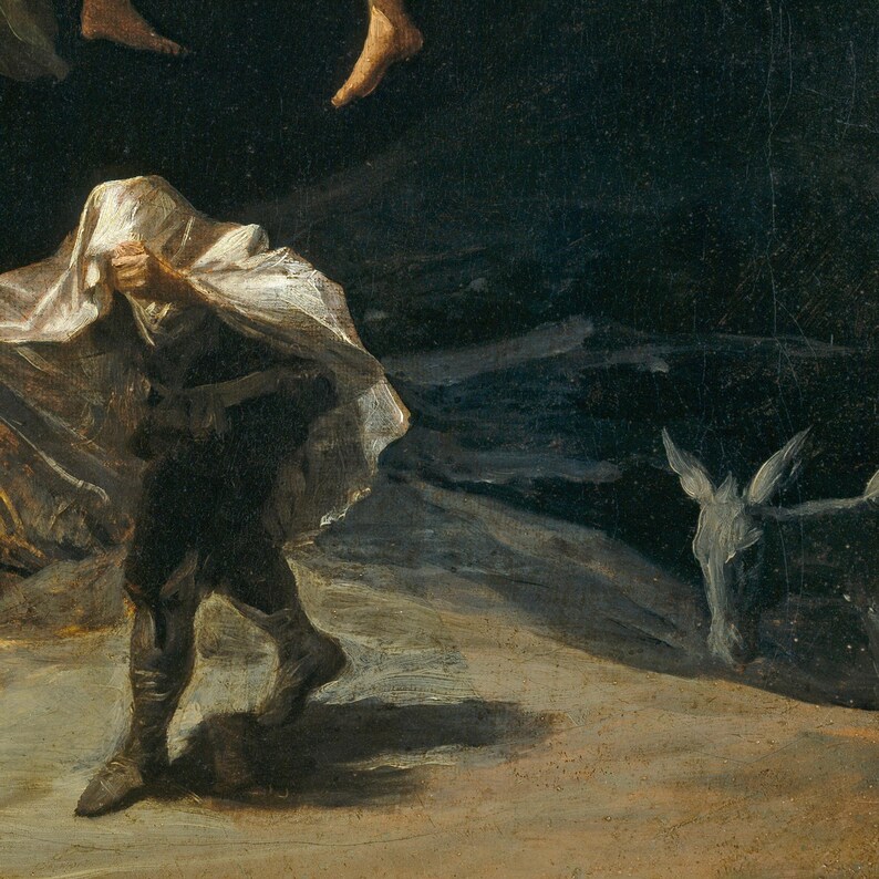 Close-up detail of Witches' Flight by Francisco Goya, 1798. A man hides beneath a white sheet as he hurries across the ground at night, a pale donkey stands at the right, and the bare feet of the flying witches dangle above.