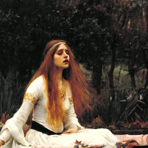 May include: An oil painting depicting a person with long, flowing red hair wearing a white long-sleeved dress with gold-patterned cuffs and a black waistband. The person wears a simple headband and a layered gold necklace, set against a dark forest.