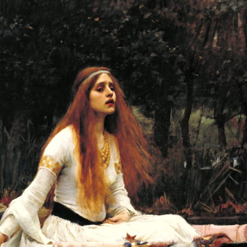 May include: An oil painting depicting a person with long, flowing red hair wearing a white long-sleeved dress with gold-patterned cuffs and a black waistband. The person wears a simple headband and a layered gold necklace, set against a dark forest.