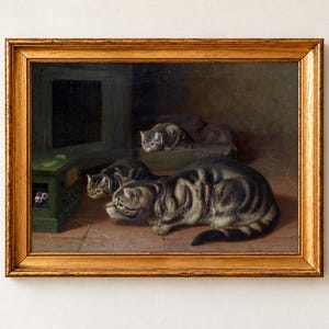 Curiosity by Horatio Henry Couldery as a framed print in a gold frame. Three tabby cats crouch on a tiled floor, staring at a small green box with a barred window.