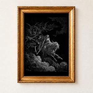 Death on the Pale Horse by Gustave Doré, 1866. A black and white engraving of hooded Death with a scythe riding a pale galloping horse through the night sky, followed by winged demons above rolling clouds.