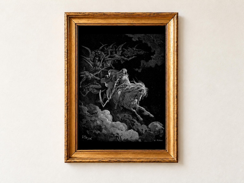 Death on the Pale Horse by Gustave Doré, 1866. A black and white engraving of hooded Death with a scythe riding a pale galloping horse through the night sky, followed by winged demons above rolling clouds.