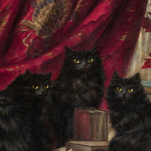 Close-up detail of Three Black Cats by Carl Kahler. Three long-haired black cats with glowing yellow eyes sit together before a crimson velvet curtain embroidered with a golden tortoise, beside an old red book.