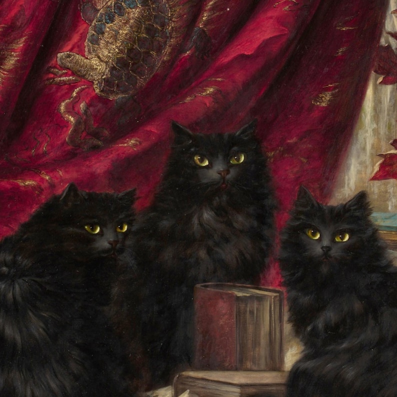 Close-up detail of Three Black Cats by Carl Kahler. Three long-haired black cats with glowing yellow eyes sit together before a crimson velvet curtain embroidered with a golden tortoise, beside an old red book.