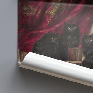 Three Black Cats Vintage Oil Painting Poster, Gothic Wall Art, Crimson Velvet Curtain