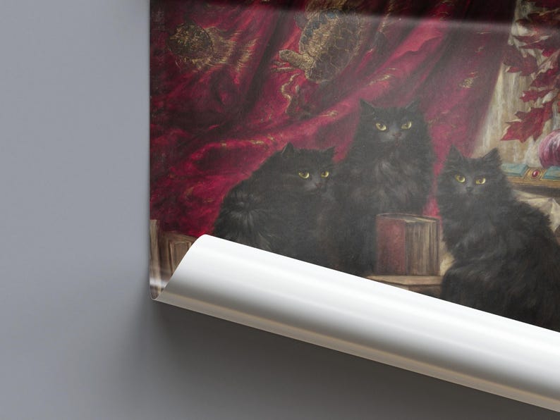 Three Black Cats Vintage Oil Painting Poster, Gothic Wall Art, Crimson Velvet Curtain