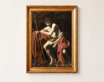 Święty Jan Chrzciciel, grafika, Caravaggio 1604, sztuka ścienna w stylu barokowym, plakat z wizerunkiem Świętego Jana Chrzciciela w stylu chiaroscuro