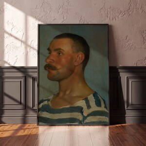 Gondolier Portrait Print, Vintage Oil Painting Poster, Striped Shirt Man Profile, Skutecky 1903