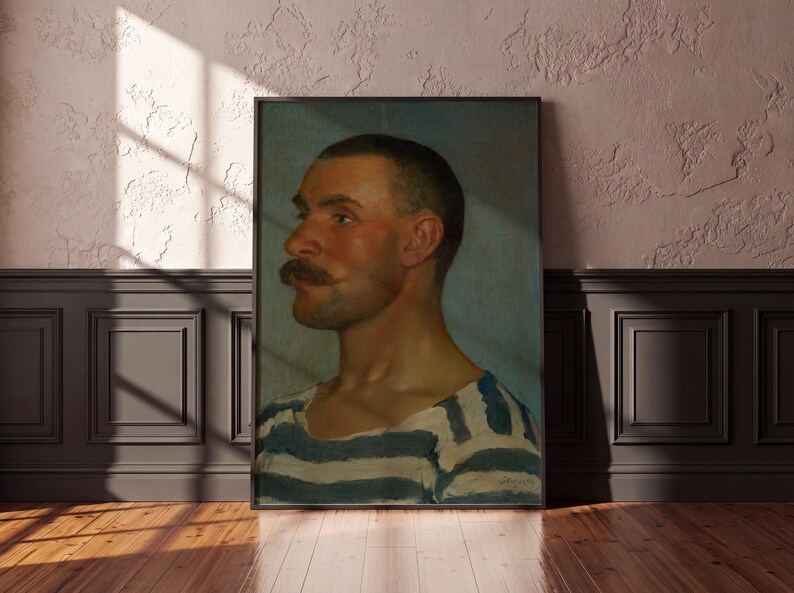 Gondolier Portrait Print, Vintage Oil Painting Poster, Striped Shirt Man Profile, Skutecky 1903