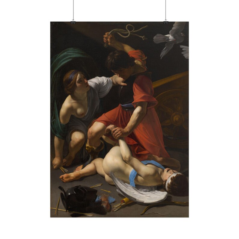 May include: An oil painting depicting a scene with three figures. A person in a red tunic holds a whip over a reclining figure with white wings. A second person in a white and green garment kneels nearby. A black helmet and arrows lie on the floor.