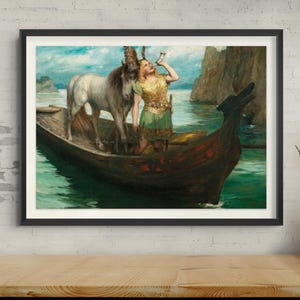 May include: A framed art print depicting a person with long blonde hair wearing a gold tunic and green skirt, standing in a wooden boat on water. A white horse stands beside the person, who is blowing into a horn. Rocky cliffs are in the background.