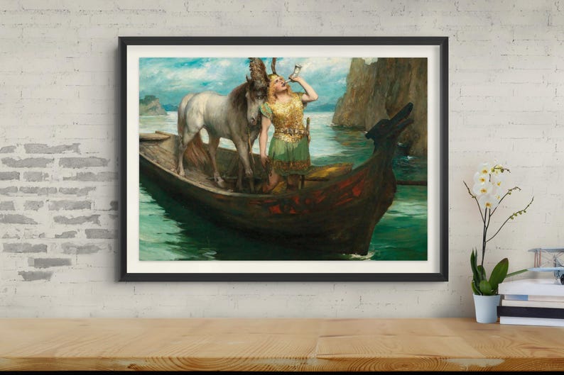 May include: A framed art print depicting a person with long blonde hair wearing a gold tunic and green skirt, standing in a wooden boat on water. A white horse stands beside the person, who is blowing into a horn. Rocky cliffs are in the background.