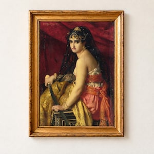 Judith by Gabriel Ferrier, 1875. A dark-haired woman in a gold diadem, black veil and red and gold silks sits with a sword across her lap, one shoulder bare, against a crimson curtain.