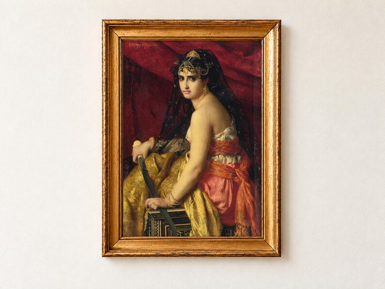 Judith by Gabriel Ferrier, 1875. A dark-haired woman in a gold diadem, black veil and red and gold silks sits with a sword across her lap, one shoulder bare, against a crimson curtain.