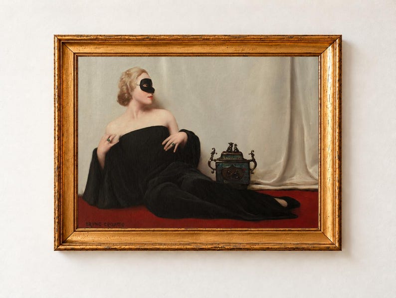 The Mask Print, Bruno Croatto Masquerade Portrait Wall Art, Old Money Femme Fatale Poster. A framed oil painting depicting a blonde figure wearing a black domino mask and a long black gown, reclining on a red surface. Beside the figure sits a small, ornate, dark-coloured decorative vessel with metallic handles.