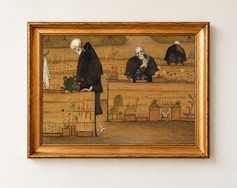 Grafika „Ogród Śmierci”, Hugo Simberg 1896, Memento Mori, plakat ścienny, symbol szkieletu