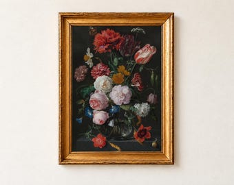 Jan de Heem Glass Vase Flowers Poster, Dutch Floral Still Life, Dark Cottagecore Art