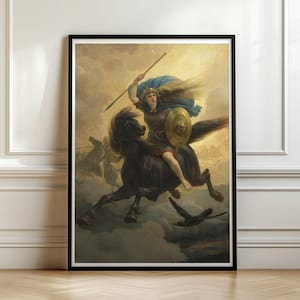 Valkyrie on Black Horse, Norse Mythology Wall Art, Peter Nicolai Arbo Painting, Viking Warrior Art