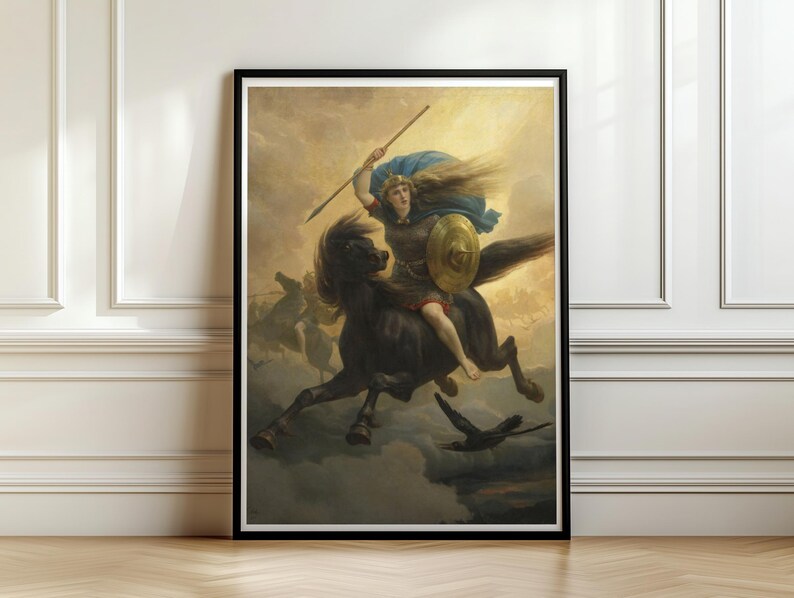 Valkyrie on Black Horse, Norse Mythology Wall Art, Peter Nicolai Arbo Painting, Viking Warrior Art