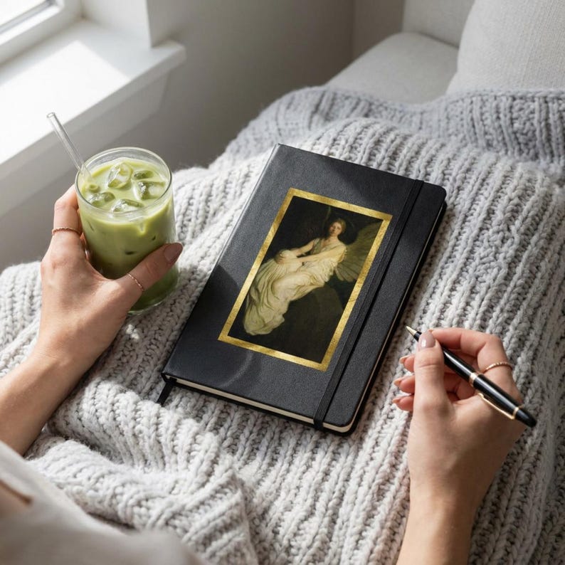 May include: A black hardcover notebook featuring a rectangular gold-framed print of a classical painting of a seated figure on the front cover. The notebook includes a black elastic closure band and is held alongside a glass of iced green tea.