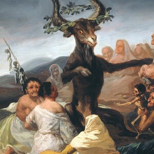 May include: An oil painting depicting a central dark-furred goat figure with large horns adorned with a green leafy wreath, surrounded by a group of people in various states of dress, with a pale sky and distant landscape in the background.