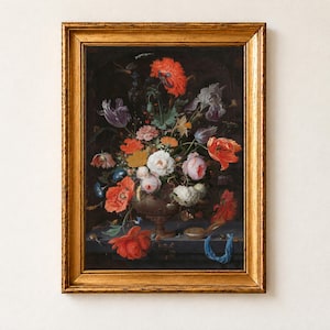 Still Life with Flowers and a Watch by Abraham Mignon, c. 1660-1679. Red poppies, pink and white roses, irises and tulips spill from a stone urn on a grey ledge, with an open pocket watch, a blue ribbon, a snail and butterflies against a dark background.