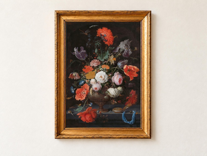 Still Life with Flowers and a Watch by Abraham Mignon, c. 1660-1679. Red poppies, pink and white roses, irises and tulips spill from a stone urn on a grey ledge, with an open pocket watch, a blue ribbon, a snail and butterflies against a dark background.