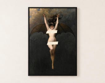 May include: A framed wall art print featuring a figure with large dark wings and raised arms against a cloudy sky. The figure is partially obscured by two horizontal strips of white tape placed across the chest and pelvic area.