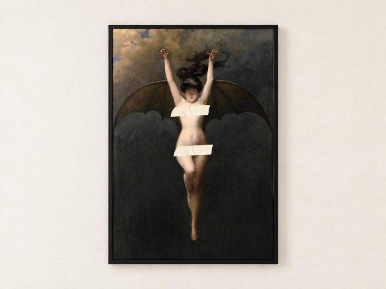 The Bat Woman by Albert Joseph Penot poster, winged woman with dark hair against a stormy night sky, nudity covered with tape