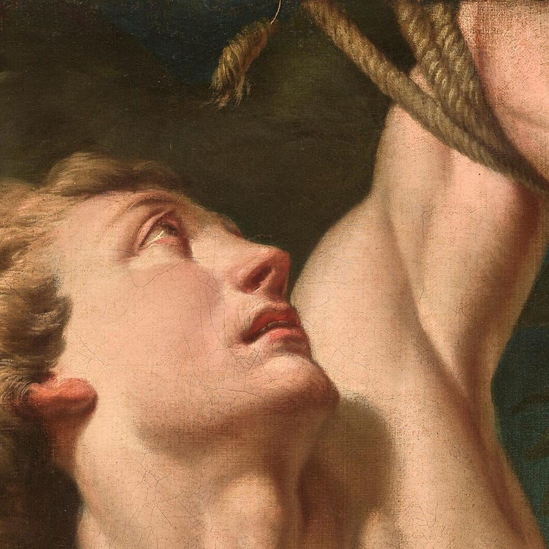 Close-up of Saint Sebastian, North Italian School, c. 1700. His upturned face and parted lips beneath his raised arm, with the rope that binds his wrists above, painted in warm skin tones against a dark ground.
