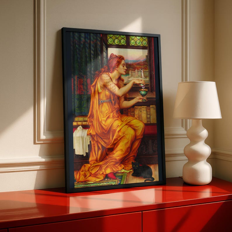 The Love Potion Print, Evelyn De Morgan 1903 Pre Raphaelite Wall Art, Black Cat Poster