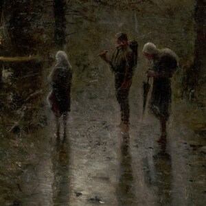 May include: An oil painting depicting three figures walking through a dark, wet, and reflective forest path. The figures are dressed in muted, earthy tones, with one carrying a long pole over a shoulder and another holding a dark umbrella.