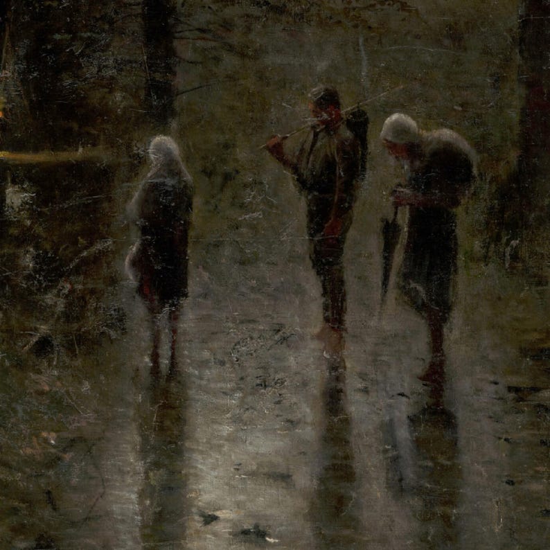 May include: An oil painting depicting three figures walking through a dark, wet, and reflective forest path. The figures are dressed in muted, earthy tones, with one carrying a long pole over a shoulder and another holding a dark umbrella.