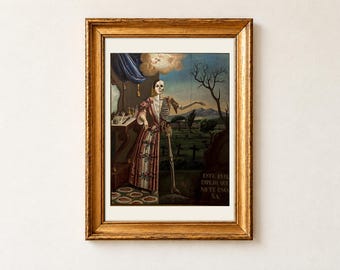 Grafika z alegorią śmierci, Mondragon 1856 Memento Mori, plakat gotycki ze szkieletem Vanitas, dekoracja na Halloween